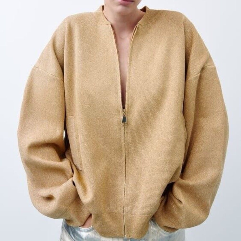 NEW ZARA Gold Knit Bomber Cardigan With Metallic Thread S